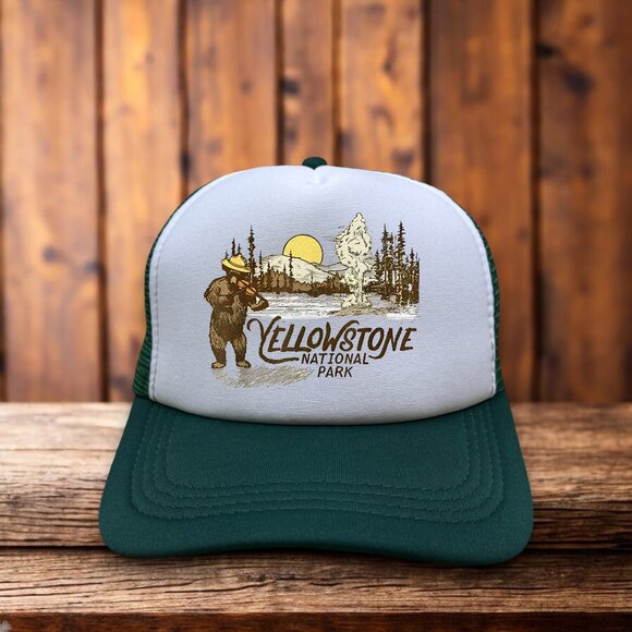 Snap-Back Other - Yellowstone National Park Bear Mens Trucker Hat Green Violin Smokey Mountains